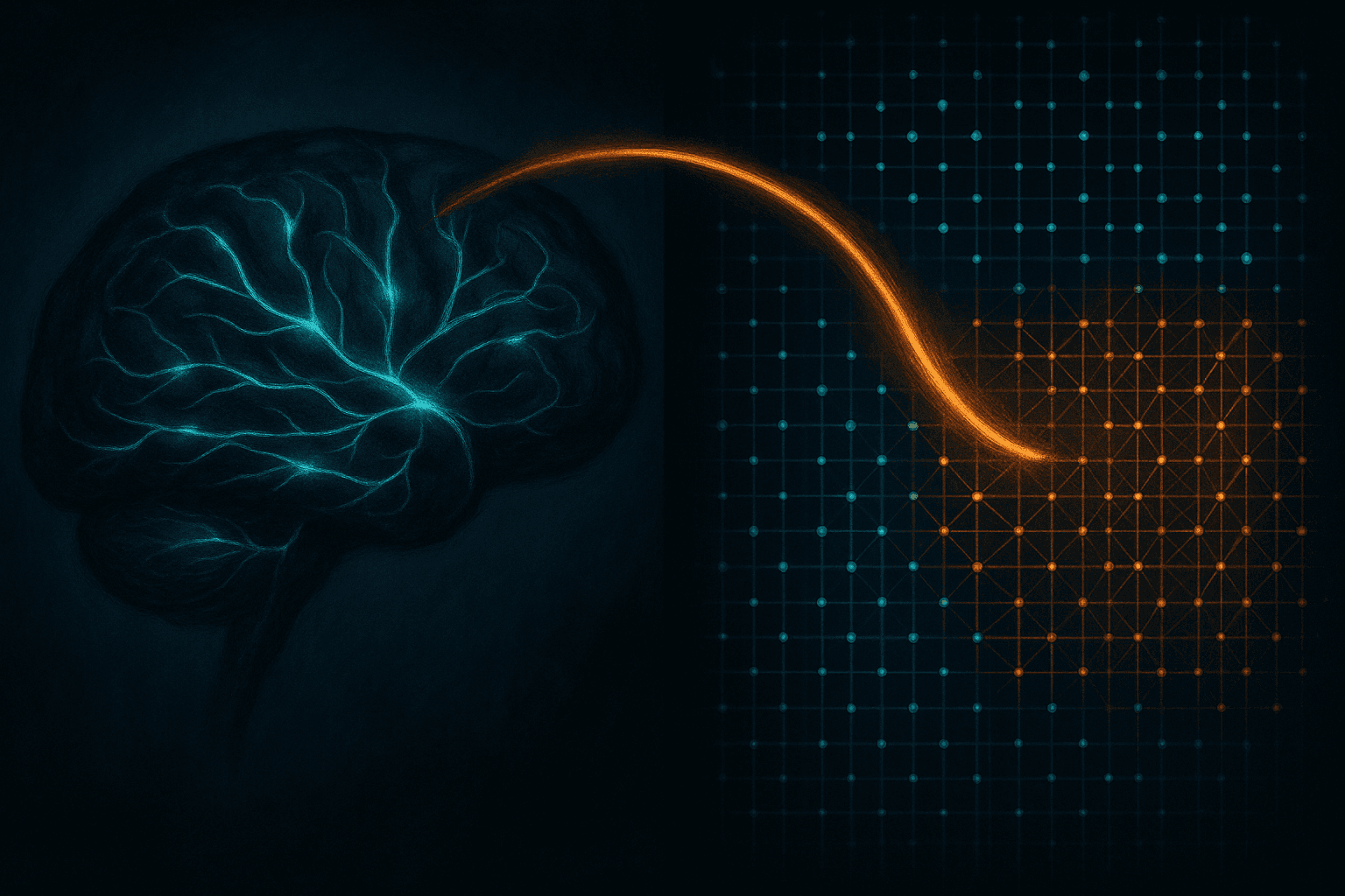 A charcoal-pencil brain on one side, a glowing vector grid on the other, bridged by an arc of warm light.