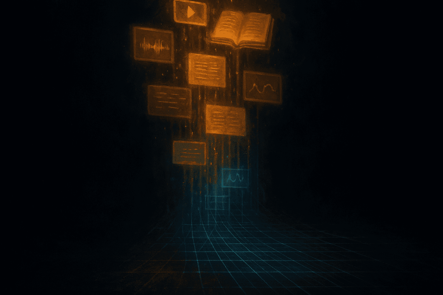 Abstract cascade of video frames, audio waveforms, and book pages flowing down and distilling into glowing vector grid patterns.