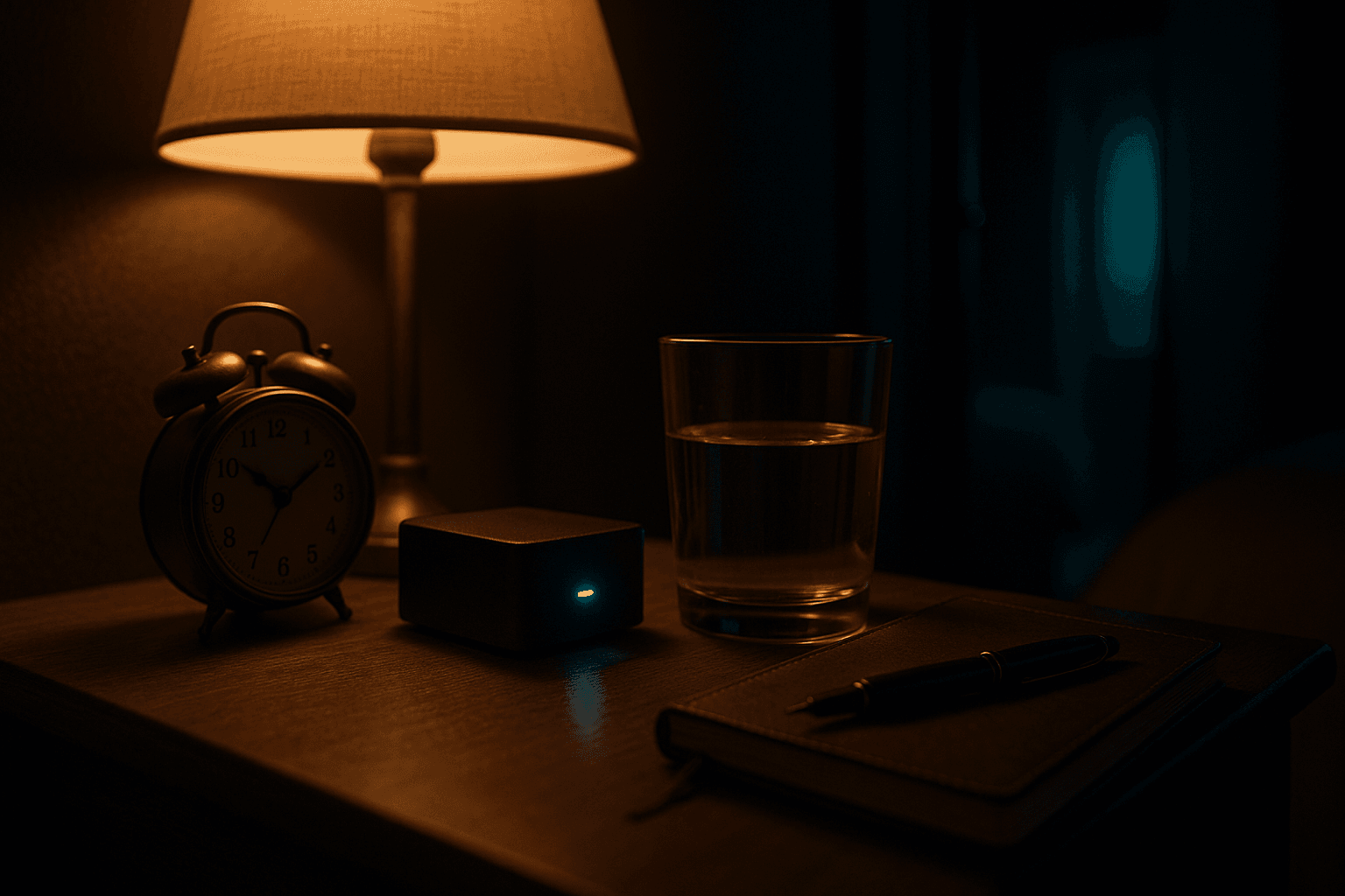 A bedside table at 3 AM with a small AI device beside an analog clock, soft cyan LED pulsing.